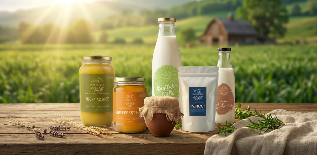 Organic dairy products include a glass bottle of buffalo milk, a jar of bilona a2 ghee, a jar of raw forest honey, Kullad Dahi, farm-fresh paneer, and fresh buttermilk.